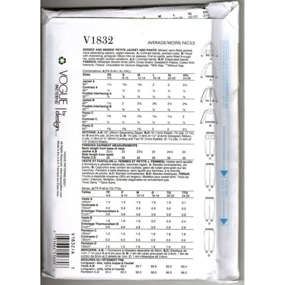 Vogue V1832 Misses XS to XXL Joggers and Jacket Uncut Sewing Pattern 2021 - Picture 2 of 10